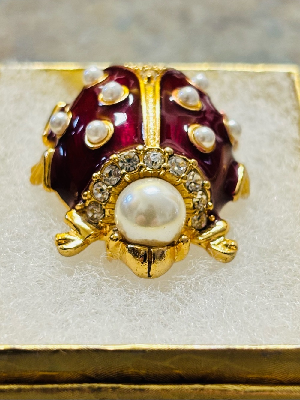 Ciner MMA Enamel Ladybug Brooch with Pearl and Crystals